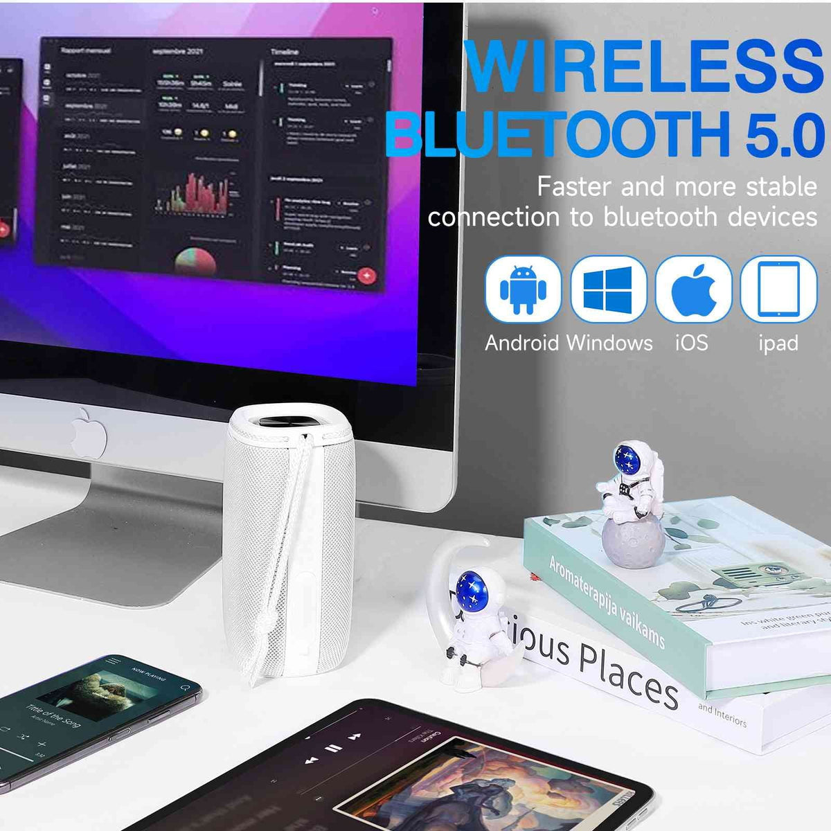 UrbanX Scorpio Series Bluetooth Speaker, IPX5 Waterproof Speakers 360° HD Surround Sound with Punchy Bass, True Wireless Pairing, BT5.3, Portable Speaker for Samsung Galaxy F62 - White