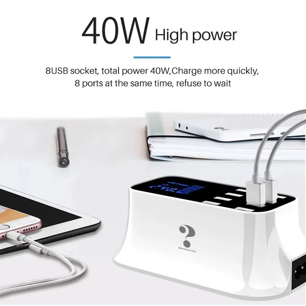 Mignova Multiple USB chargers, 8-port desktop charging station hub for LCD display, compatible with iOS and Android devices (iPhone, iPad, Huawei, Samsung Galaxy)