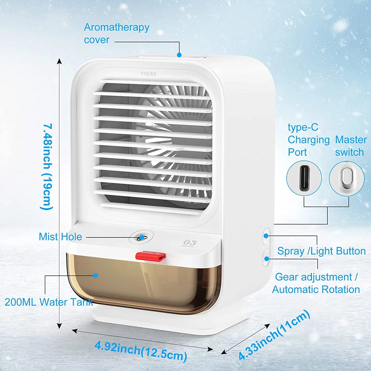 Sholov Portable Air Conditioner Fan Mini Personal Evaporative Air Cooler 90 Shaking Head with Battery with 3 Speeds & 2 Misting & LED Light for Home, Bedroom, Travel & Office, USB Charging, White