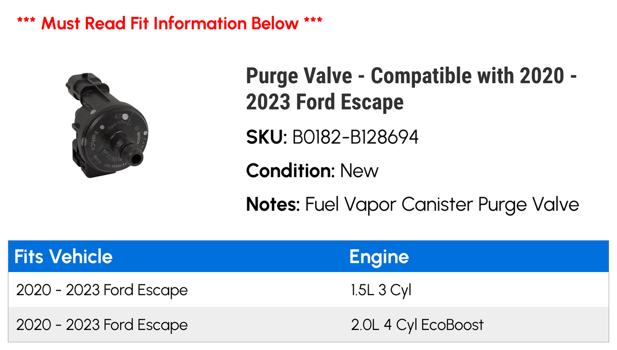 Purge Valve - Compatible with 2020 - 2023 Ford Escape 2021 2022
