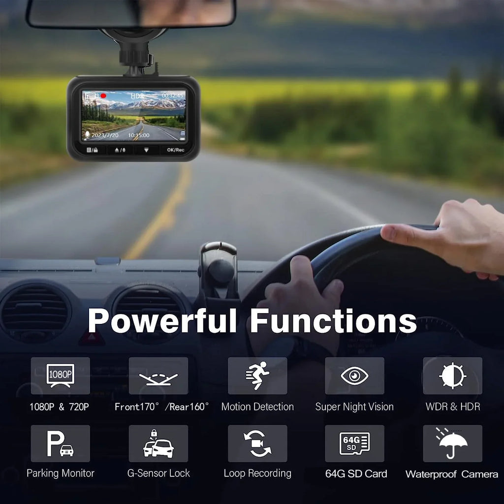 Dash Cam Front and Rear, 1080P Full HD Dash Camera for Cars, 64G SD , 2.45 inch IPS Screen, Night Vision, WDR, 2