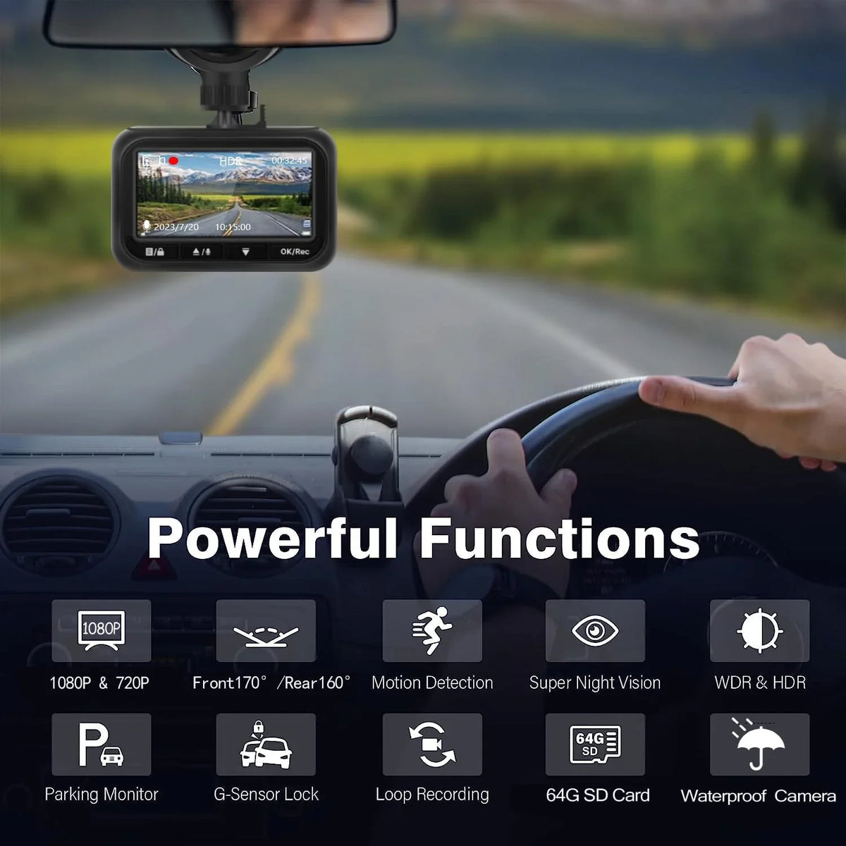Dash Cam Front and Rear, 1080P Full HD Dash Camera for Cars, 64G SD , 2.45 inch IPS Screen, Night Vision, WDR, 2