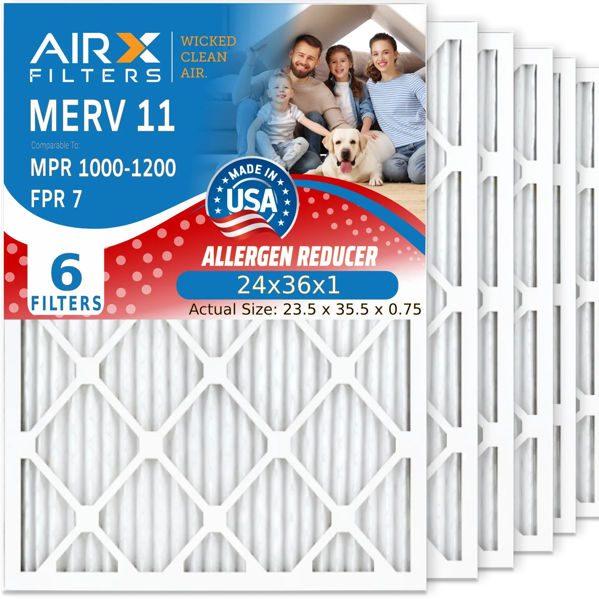 24x36x1 Air Filter MERV 11 Comparable to MPR 1000, MPR 1200 & FPR 7 Electrostatic Pleated Air Conditioner Filter 6 Pack HVAC Premium Made 24x36x1 Furnace Filters by AIRX FILTERS WICKED CLEAN AIR.