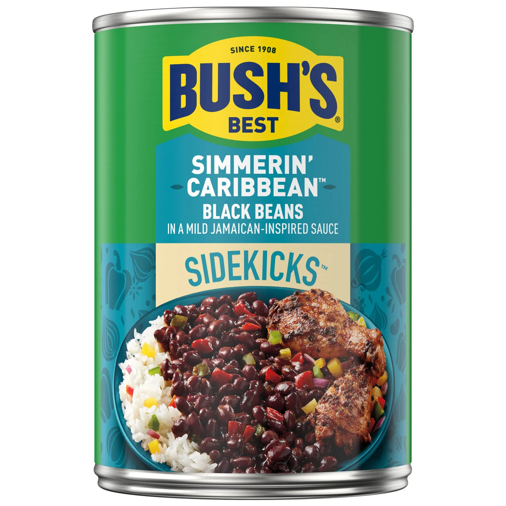 Bush,S Best 15.2 Oz Canned Black Beans Simmerin, Caribbean Sidekicks, Source Of Plant Based Protein And Fiber, Low Fat, Gluten Free, (Pack Of 12)