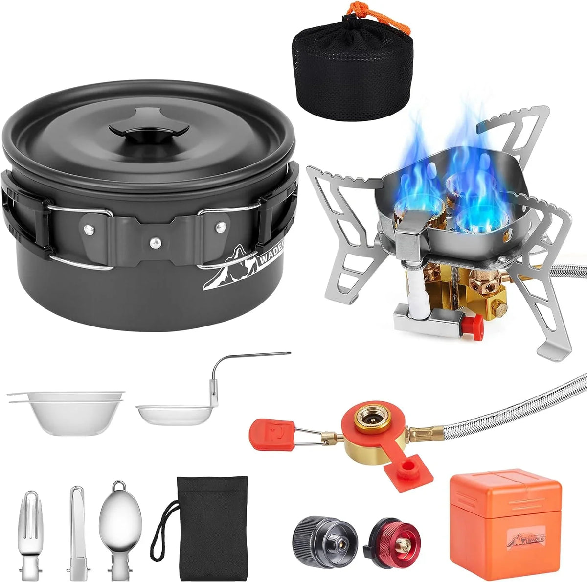 WADEO 6800W Windproof Camping Stove with Camping Pot, Camping Cookware Kit with Camping Gas Stove, Fuel Canister Adapters, Knife, Spoon, Fork, Bowl and Soup Spoon for Outdoor Backpacking Hiking Picnic