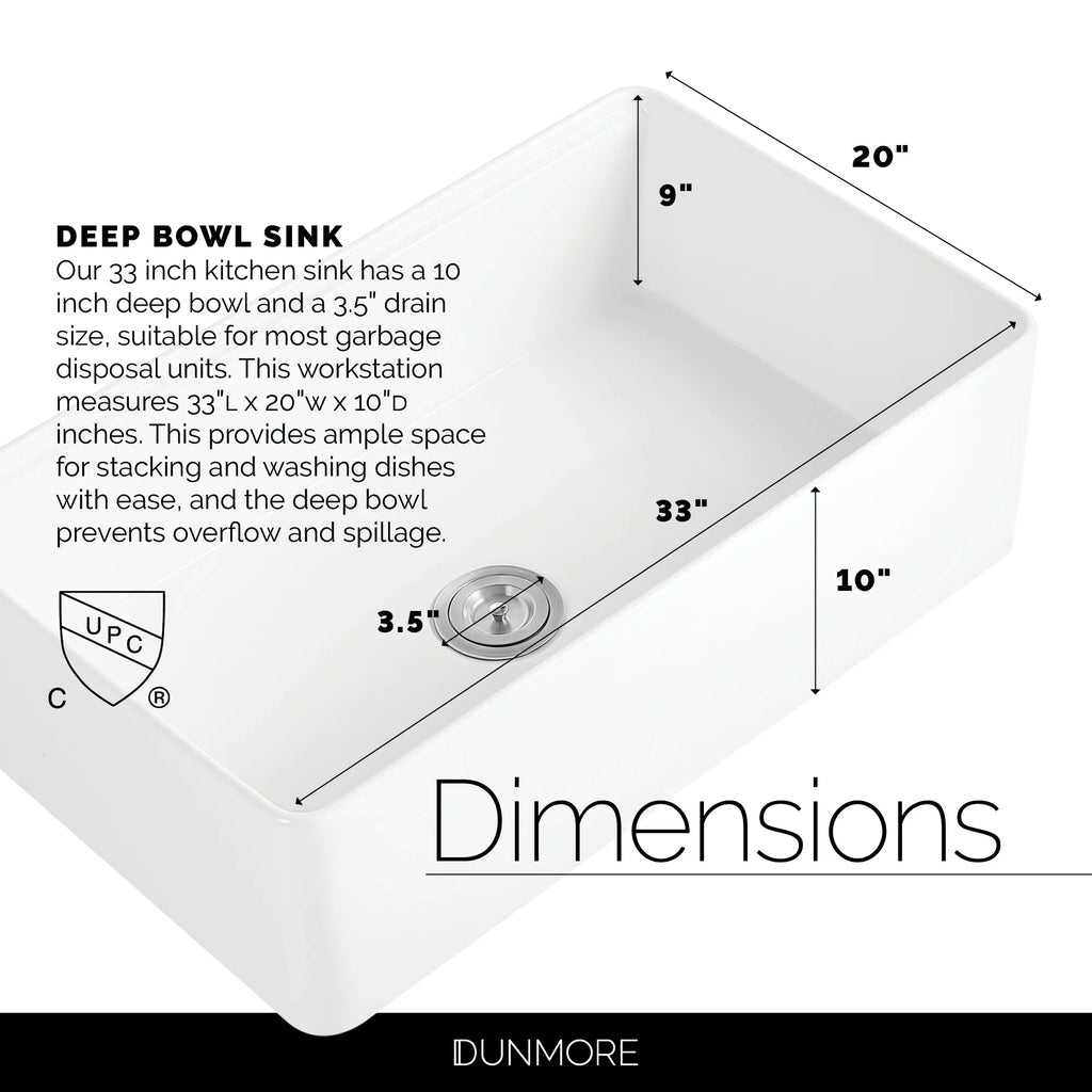 DUNMORE 33 Inch Farmhouse Sink Workstation, cUPC, 33x20 Single Bowl Clay, Apron Front White Kitchen Sink, Porcelain, Ceramic with Cutting Board & Accessories