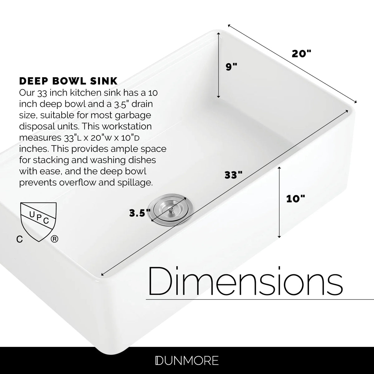 DUNMORE 33 Inch Farmhouse Sink Workstation, cUPC, 33x20 Single Bowl Clay, Apron Front White Kitchen Sink, Porcelain, Ceramic with Cutting Board & Accessories