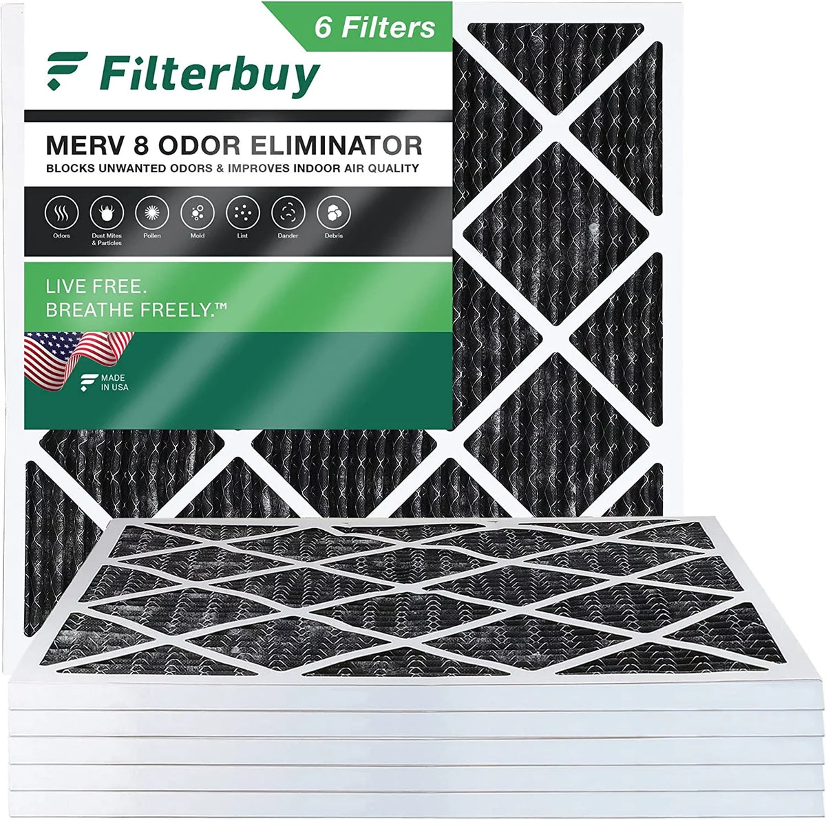 Filterbuy 18x18x1 MERV 8 Odor Eliminator Pleated HVAC AC Furnace Air Filters with Activated Carbon (6-Pack)
