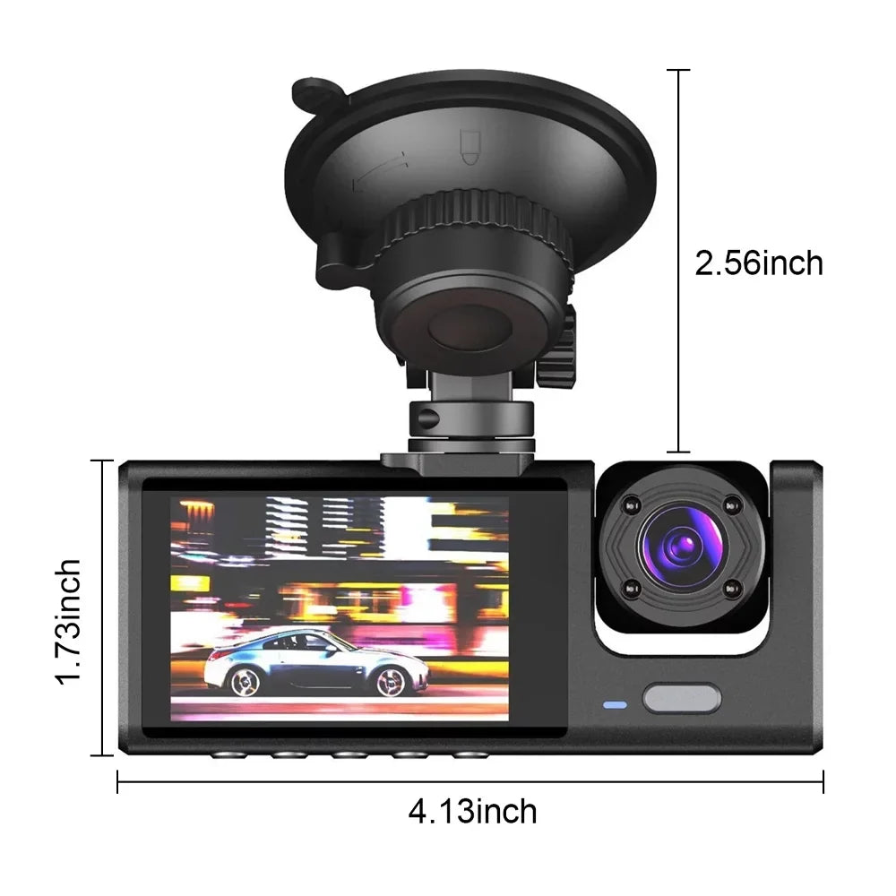 ALLTIMES 1080HD Car Dash Cam Recorder, 3 in 1 Cameras Front Interior Rear 2" HD IPS Display Screen, G-Sensor, Motion Detection, Loop Recording, with Car Charger and Video Cable