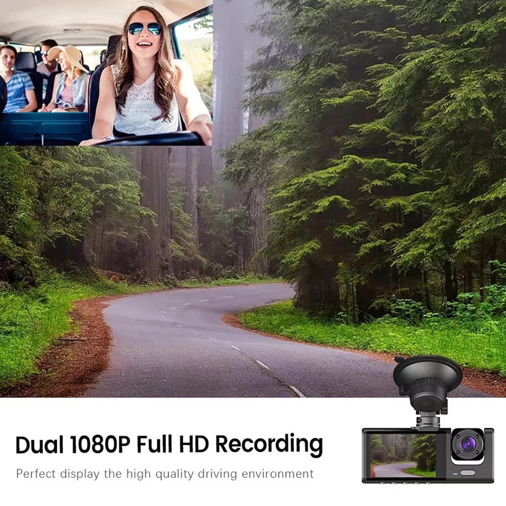 Tomshoo Multi Language Dash Cam with Triple Channel System, Front/Rear/Inside Car Cameras, Auto Safety Driving Recorder