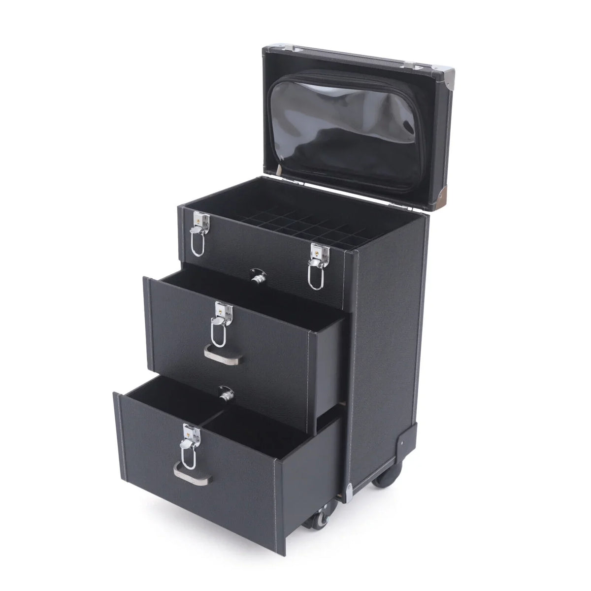 Women's Rolling Makeup Train Case Black Trolley Cosmetic Box Lock Wheels PU Makeup Train Case Cosmetics Rolling Organizer Cases Storage Box Trolley Black Trolley Bag Black Cosmetics Rolling Organizer