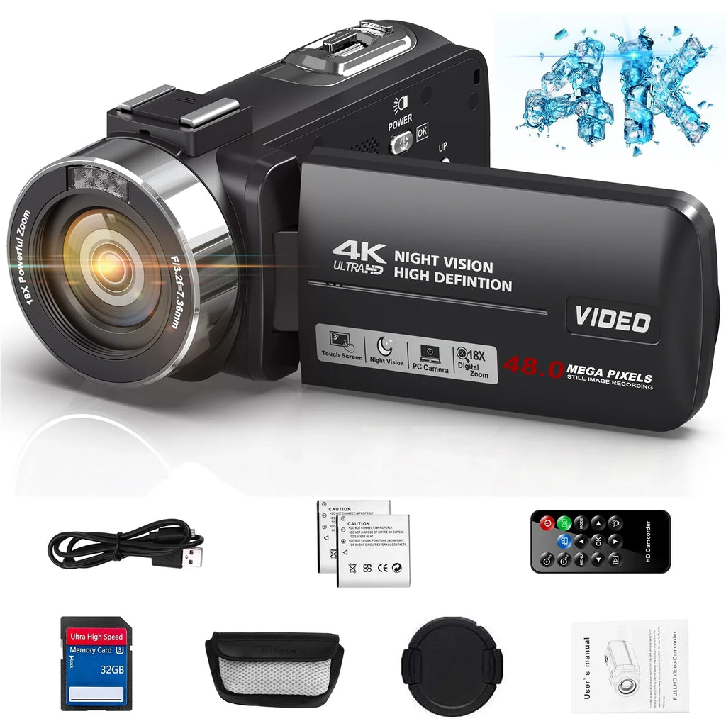 MARVUE Video Camera 4K Camera 48MP 30FPS Camcorder 18X Digital Zoom 3.0" LCD Touch Screen Vlogging Camera for YouTube with IR Night Vision