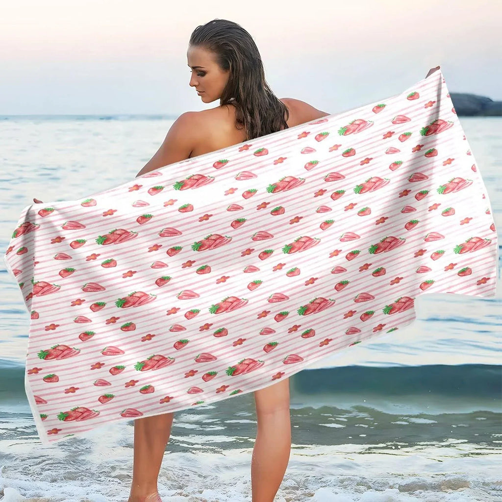 Bestwell Red Strawberry Pink STRI Beach Towel Oversized Towel Blanket, Thin Lightweight Microfiber Sand Free Quick Dry Towel, 30”X60” Multipurpose Pool Bath Yoga Swim Shower Towel