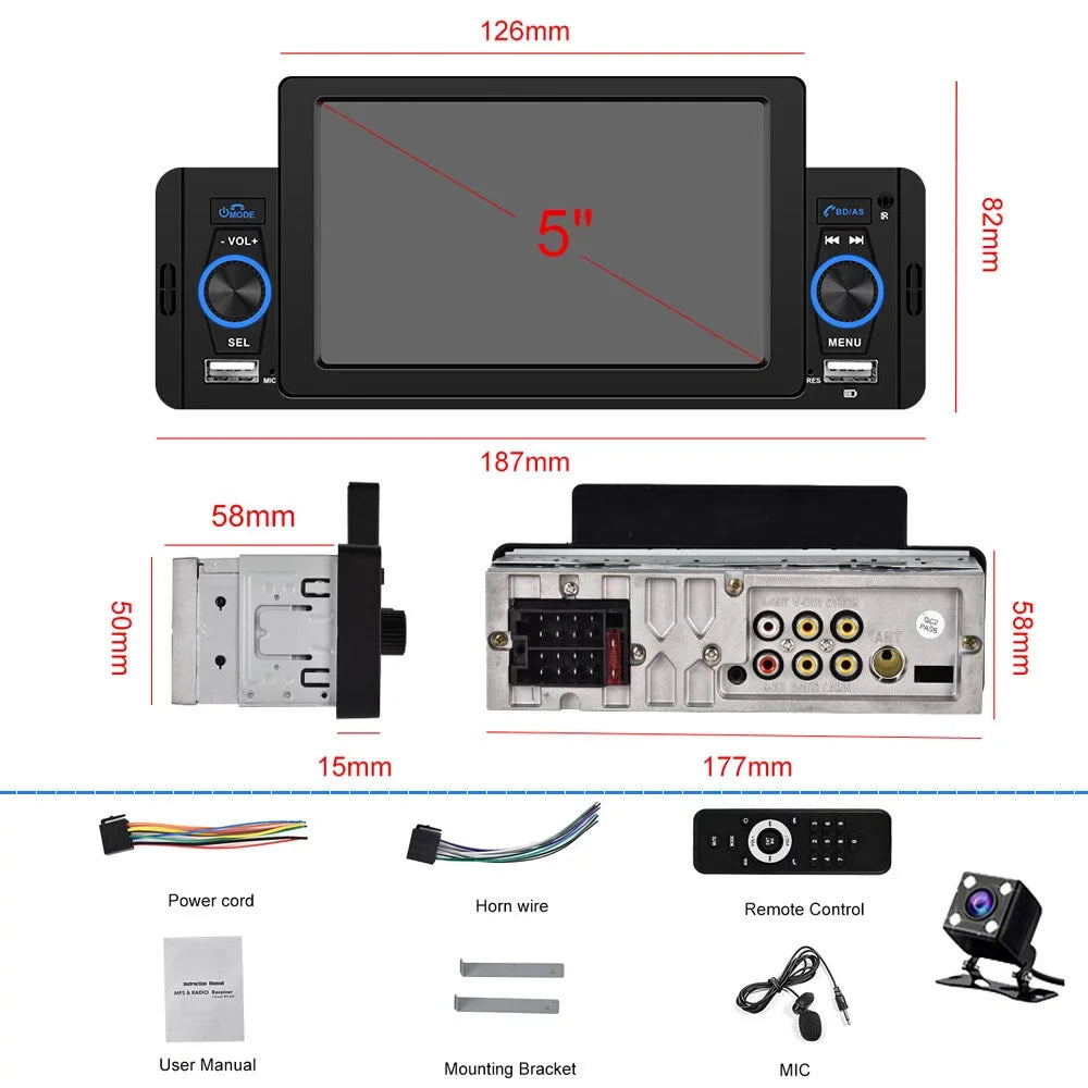 Podofo Single 1 Din 5'' Touch Screen Car Stereo Radio with Apple Carplay Android Auto Mirror Link HD Car MP5 Multimedia Player Bluetooth USB FM Audio Receiver USB, Backup Camera Included