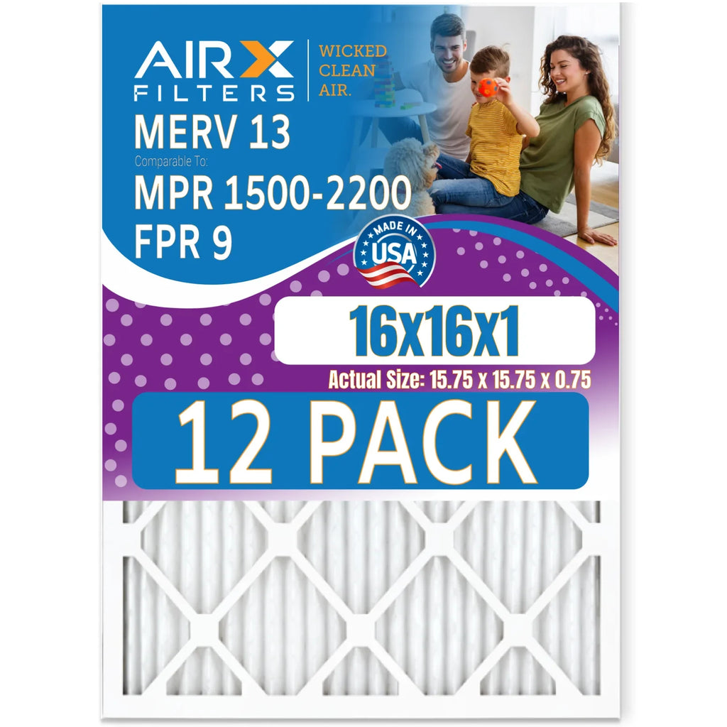 16x16x1 Air Filter MERV 13 Rating, 12 Pack of Furnace Filters Comparable to MPR 1500 - 2200 & FPR 9 - Made in by AIRX FILTERS WICKED CLEAN AIR.