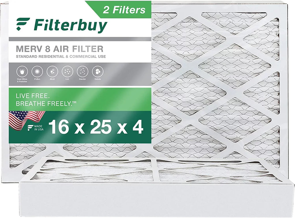 Filterbuy 16x25x4 MERV 8 Pleated HVAC AC Furnace Air Filters (2-Pack)