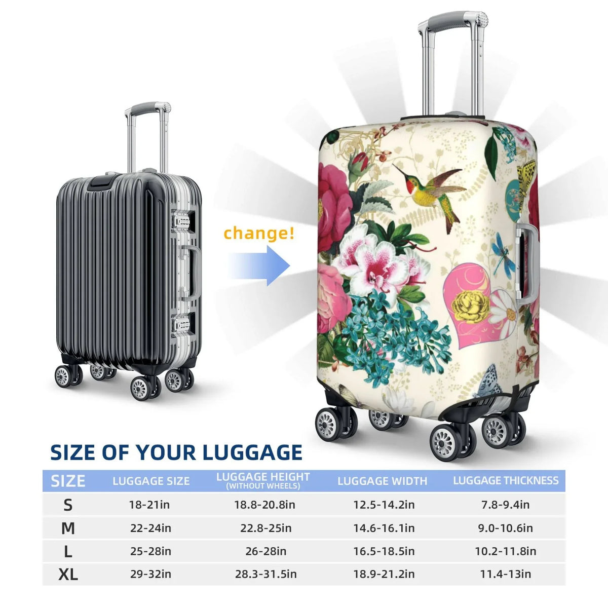 Easygdp Bird Butterfly Rose Print Elastic and Washable Suitcase Protective Protection with Hidden Zipper Fits 18-32 inch Luggage -Medium