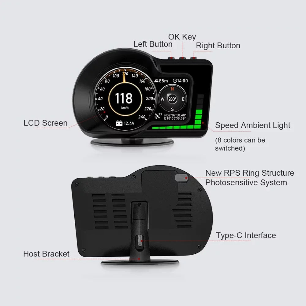 Moobody Head-Up Display for Car Speed Monitoring: Speedometer, Clock, RPM, Water & Oil Temperature