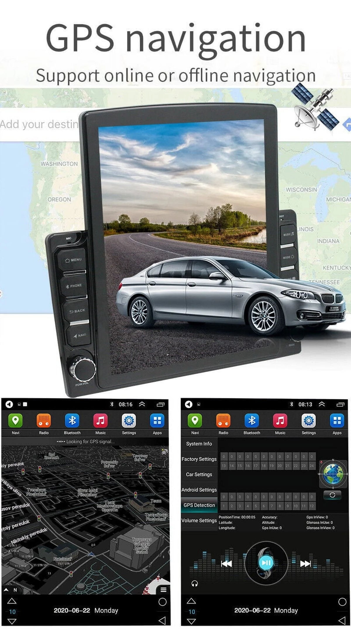 KingFurt Universal Car Stereo 9.7" Touch Screen Bluetooth Music FM Radio GPS Navigation Reversing Camera Input