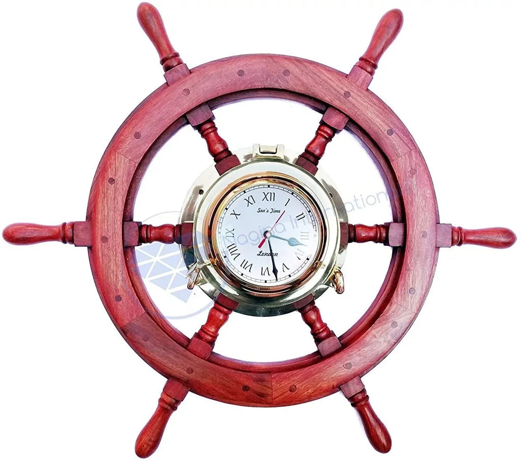 Nagina International Polystone Polished Nautical Brass Porthole Clock Ship Wheel | Pirate's Ocean Home Decor Gift | London Sea's Time (48 Inches)
