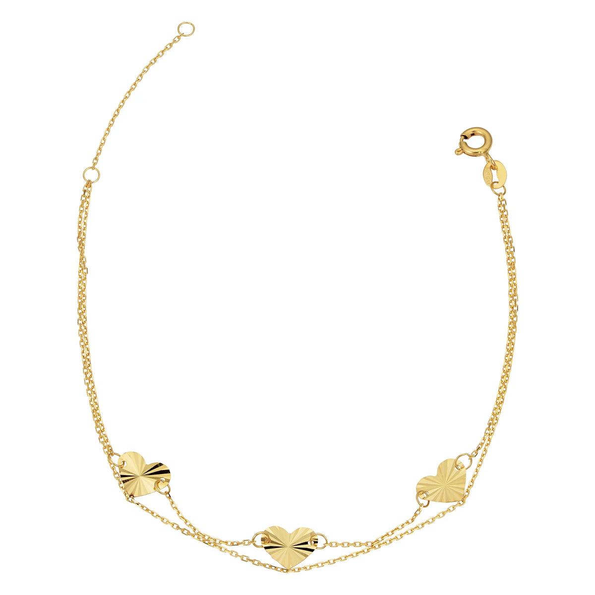 Kooljewelry 14k Yellow Gold Double Strand Diamond-Cut Heart (adjusts to 6.5 or 7.5 inch)