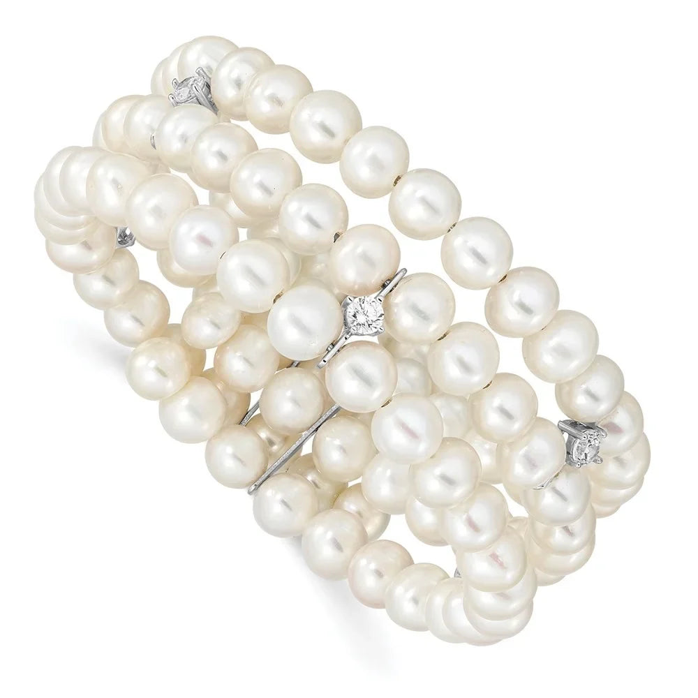 Auriga 925 Sterling Silver Rhod-plat 6-7mm White FWC Pearl & CZ 3 Row 7.5inch for Women