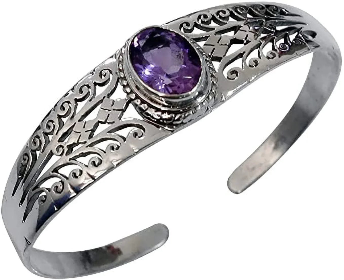 Genuine Purple Amethyst Gemstone Handmade Cuff for Men Women, Genuine 925 Sterling Silver Fashion s, Adjustable Designer Jewelry for Gifts