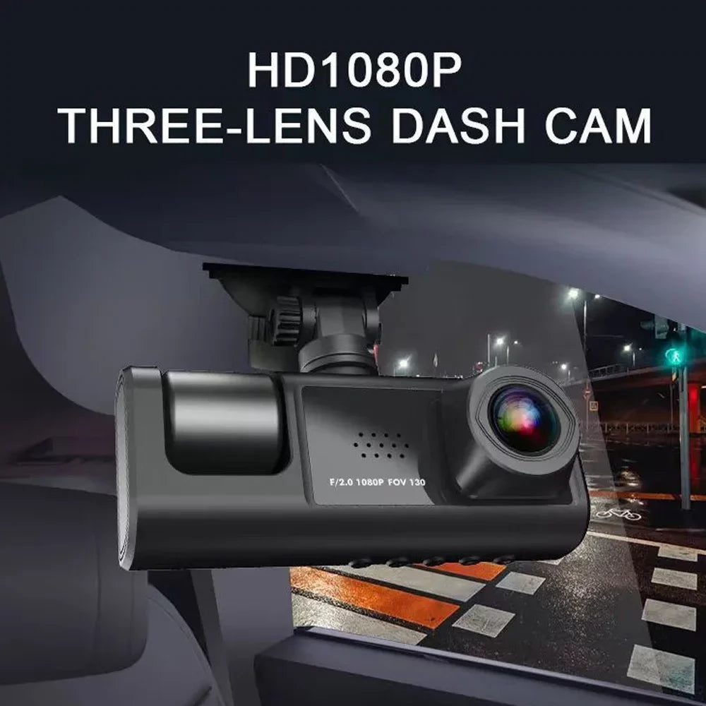 Tomshoo Multi Language Dash Cam with Triple Channel System, Front/Rear/Inside Car Cameras, Auto Safety Driving Recorder