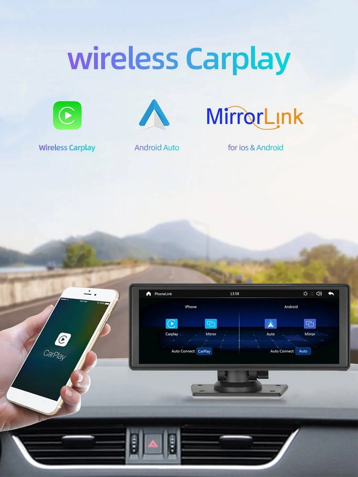 Polarlander 9.3" Wireless Carplay & Android Auto Portable Car Stereo, Front Dash Cam, Backup Camera, Bluetooth Hands-Free Calling, HD IPS Touchscreen,Supports Most Cars