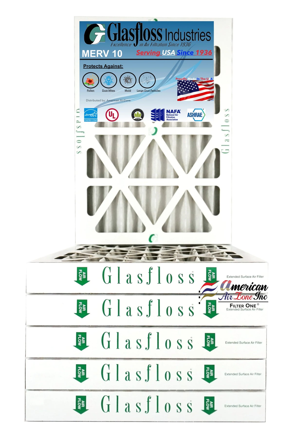 Glasfloss Air Filter 14x25x2 - 2" MERV 10 - (Pack of 6) - Pleated AC or HVAC Air Filter - Furnace Air Filter - Home or Office - Made In The .