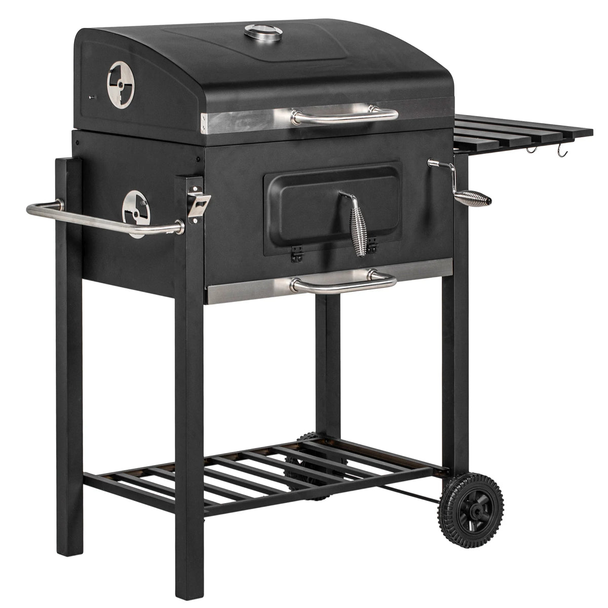 Homiyad Charcoal BBQ Grill, Outdoor Portable Cooker for Camping Or Backyard Picnic with Side Table, Bottom Storage Shelf, Wheels and Handle, Black