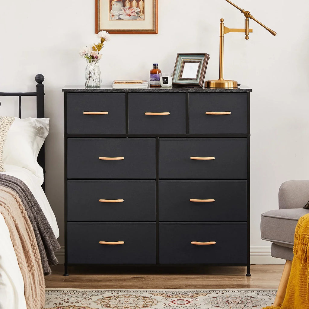 Bigroof Dresser for Bedroom with 9 Drawers, Fabric Dresser Organizer Units, Wide Chests of Drawers with Fabric Bins & Wooden Top, Dresser Storage Tower for Closet, Clothes, TV Stand, Black